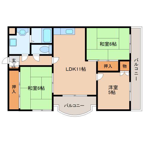インペリアル東生駒(3LDK/4階)の間取り写真
