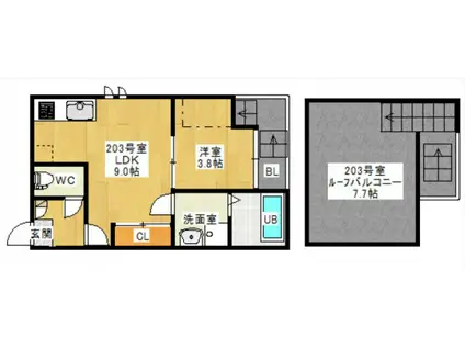 THEE GRANDTIC ROSSO HIROSHIMA(1LDK/2階)の間取り写真