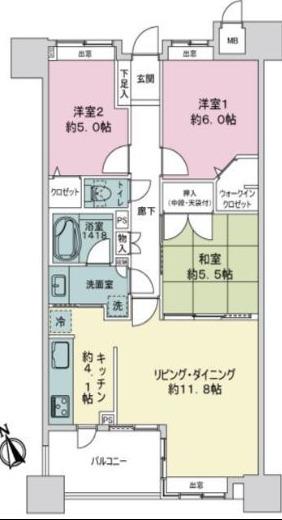 ランドゥール久留米セントラルステージ(3LDK/14階)の間取り写真