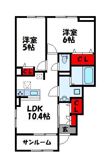 ワンハートI(2LDK/1階)の間取り写真