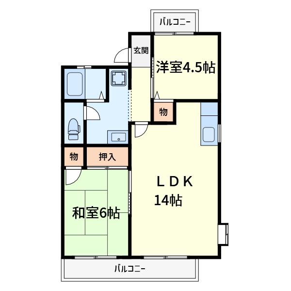 アルカディア真上台A棟(2LDK/2階)の間取り写真