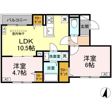 セレスティア若宮(2LDK/2階)の間取り写真