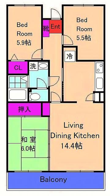 ハビテーション向丘(3LDK/3階)の間取り写真