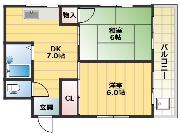 ハイム灘北(2DK/3階)の間取り写真