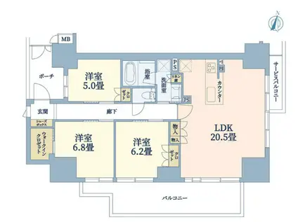 イーグルコートびわ湖大津京(3LDK/13階)の間取り写真