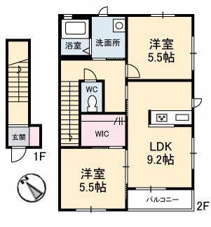 ヴィラージュ C(2DK/2階)の間取り写真