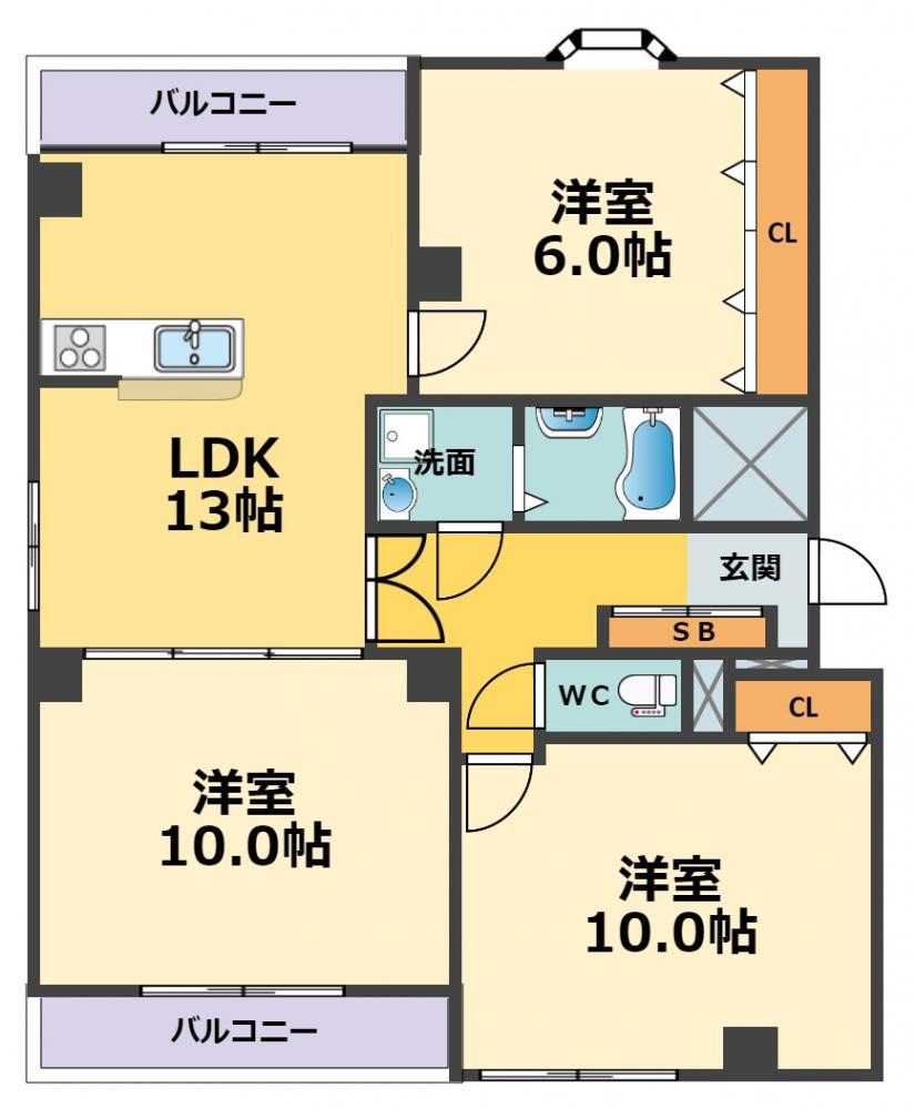 グランデ甲子園六番町(3LDK/2階)の間取り写真