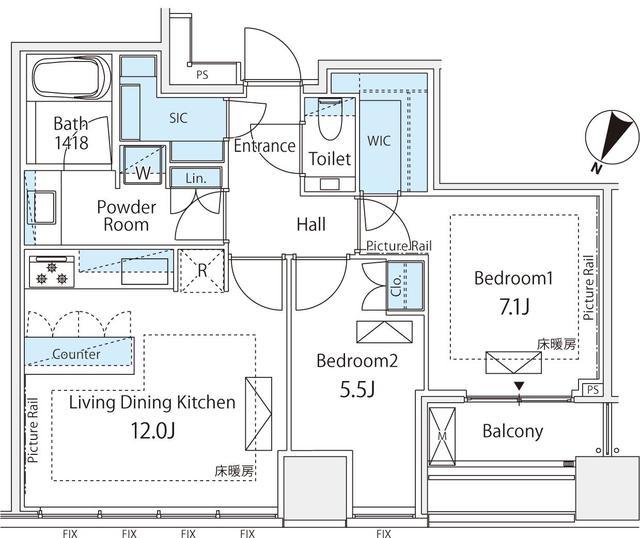 プレミストタワー白金高輪(2LDK/32階)の間取り写真