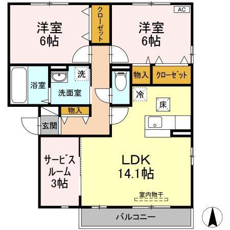 フェリス高柳A棟(2LDK/1階)の間取り写真
