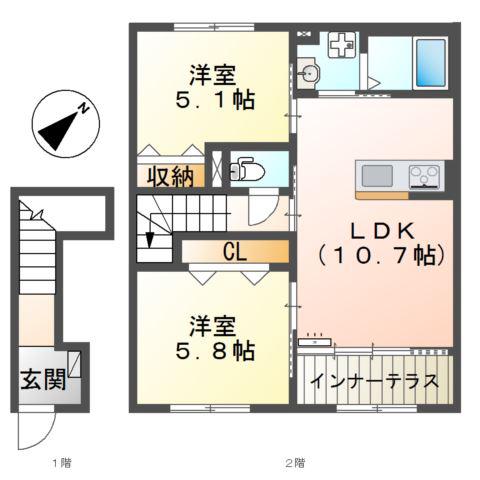 龍野町アパート(2LDK/2階)の間取り写真