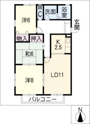 セントラルヒルズ B棟(3LDK/2階)の間取り写真