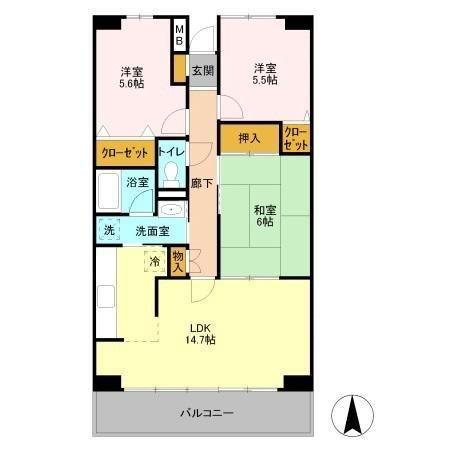 ルーチェ緑が丘B(3LDK/3階)の間取り写真