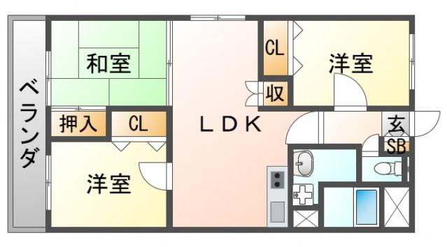 テラジハイツIII号館(3LDK/2階)の間取り写真