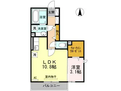 熊本市電健軍線 健軍校前駅 徒歩6分 2階建 築10年(1LDK/1階)の間取り写真