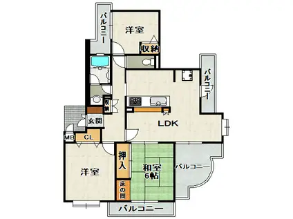 クレイドル宝松苑(3LDK/2階)の間取り写真