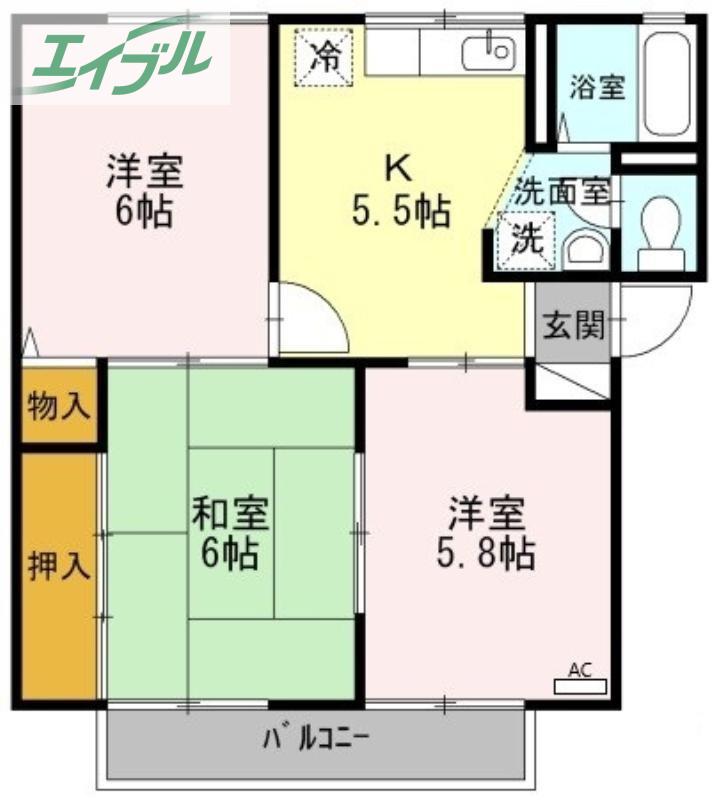 プレジール小野F棟(3K/2階)の間取り写真