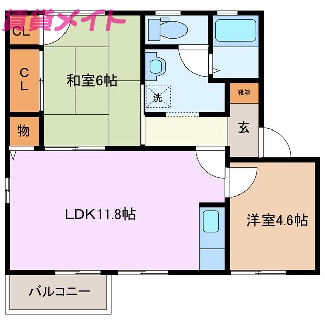 ウィンディーKUSU B棟(2LDK/2階)の間取り写真