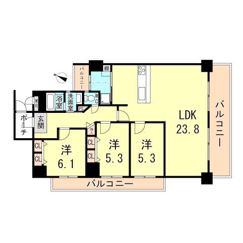 パームスクエアージェームス山(3LDK/4階)の間取り写真