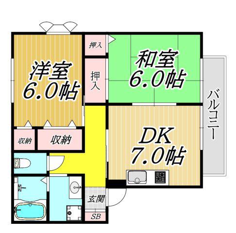 ローズヒップガーデンB棟(2DK/1階)の間取り写真