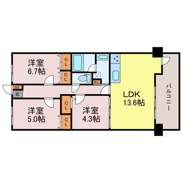 サンヒルズ福沢町(3LDK/7階)の間取り写真