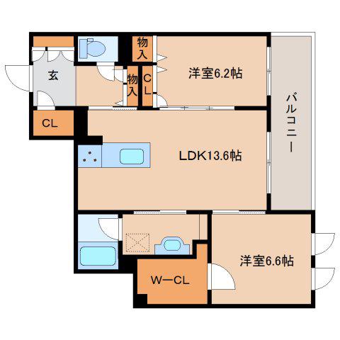 シャーメゾン ヴィラ学園前(2LDK/2階)の間取り写真