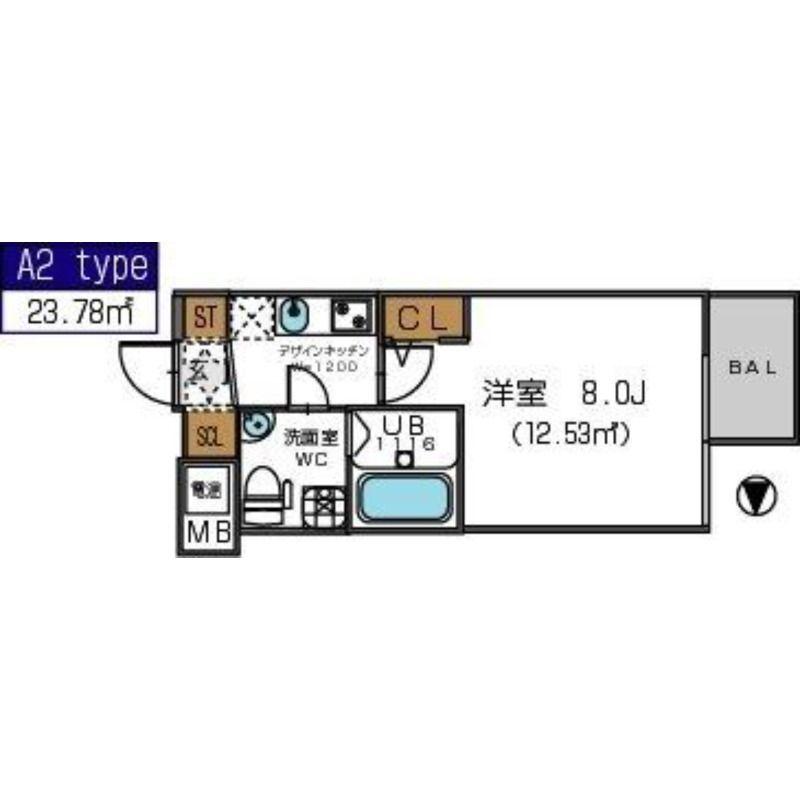 ザパーククロス阿波座(1K/2階)の間取り写真