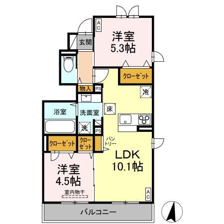 トリシア中條 A(2LDK/1階)の間取り写真