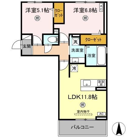 トリシア野多目I(2LDK/2階)の間取り写真