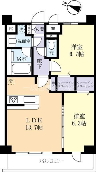 守谷市本町マンション(2LDK/6階)の間取り写真