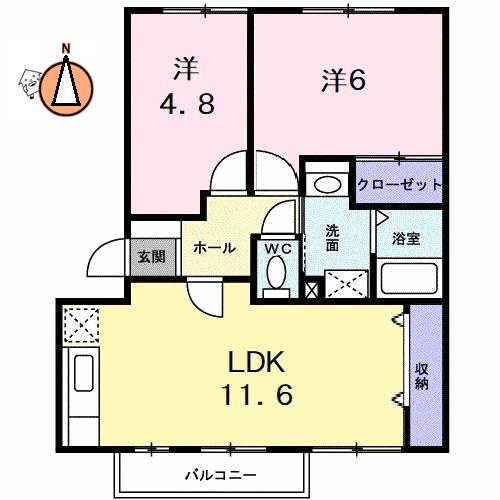グランディール矢三B(2LDK/2階)の間取り写真