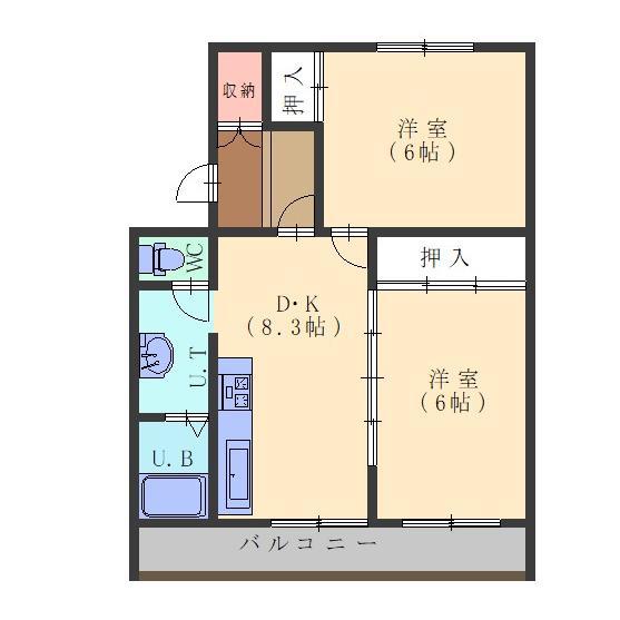 ヴィラナリー函館5号棟(2DK/4階)の間取り写真
