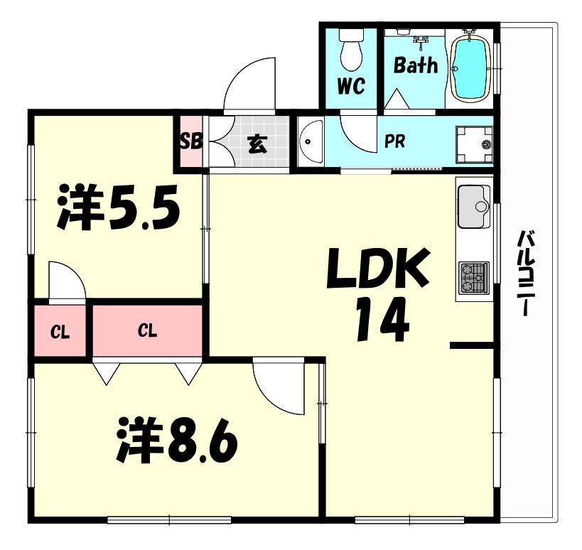 グリーンヒル山本通(2LDK/2階)の間取り写真