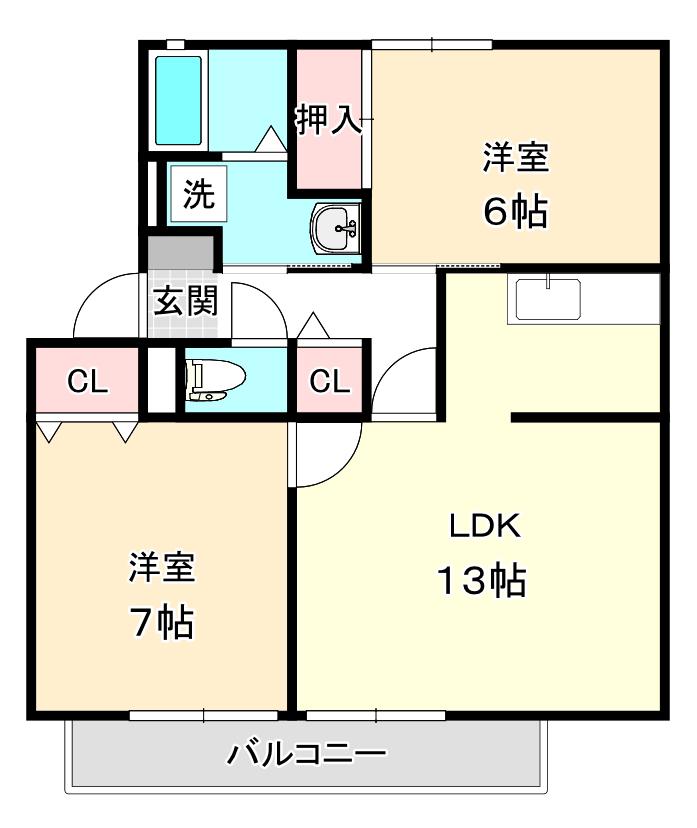 メルベーユ岩之谷D(2LDK/1階)の間取り写真