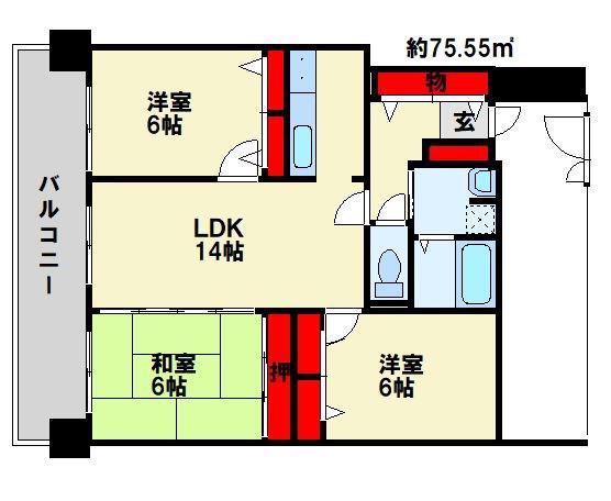 グランドパレス・ヴァンテアン徳力(3LDK/12階)の間取り写真