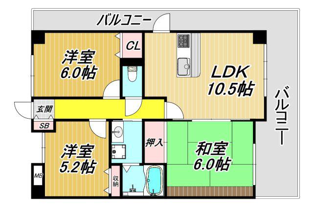 ディグランシャンドフルール(3LDK/2階)の間取り写真