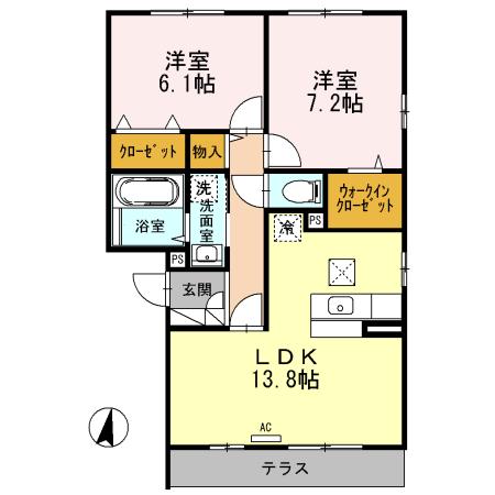 ザ・パーシモンD(2LDK/1階)の間取り写真