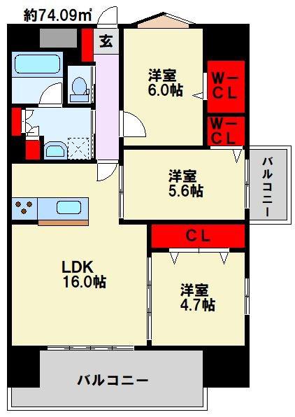 グランヒルズ下曽根(3LDK/6階)の間取り写真