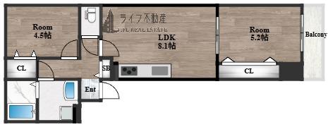 クリエオーレ西石切(2LDK/1階)の間取り写真