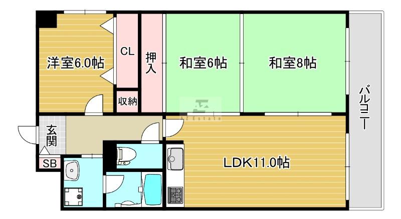 シャトー南船場(3LDK/4階)の間取り写真