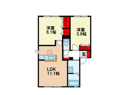 バサラハイツ II B棟(2LDK/1階)の間取り写真