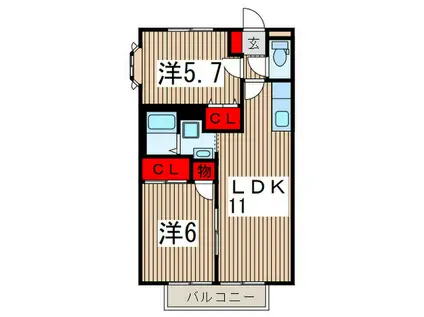コンフォート武蔵野(2LDK/1階)の間取り写真