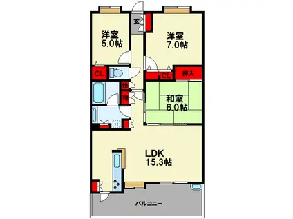 アーサー新飯塚レジデンス(3LDK/3階)の間取り写真