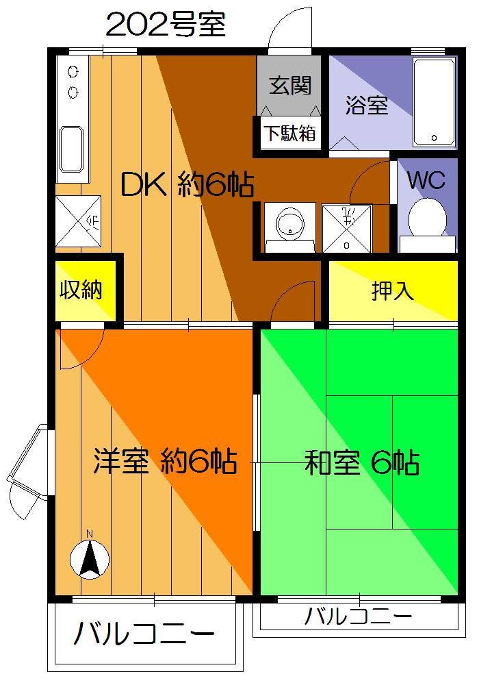 ジュネスB棟(2DK/2階)の間取り写真