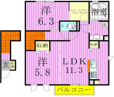デュオラピッツ B(2LDK/2階)の間取り写真