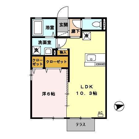 グリーンヒル・ヴァンB棟(1LDK/1階)の間取り写真