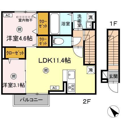 D-ROOM下貫(2LDK/2階)の間取り写真
