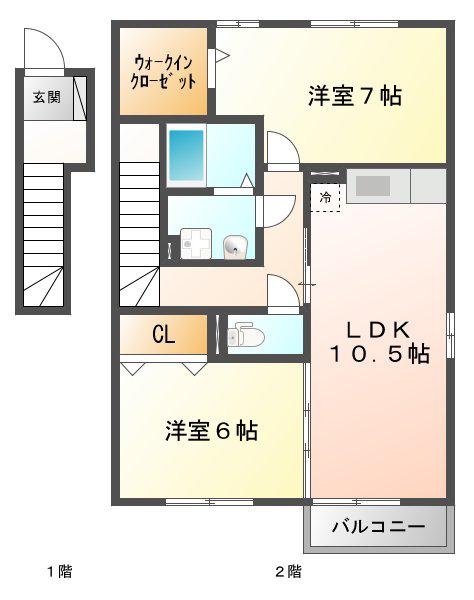 グランモア野町B棟(2LDK/2階)の間取り写真