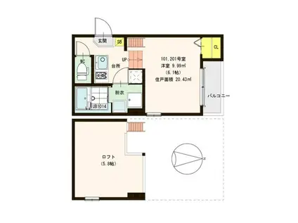 ハーモニーテラス平野西(1K/2階)の間取り写真