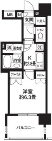 ライオンズシティ白金高輪(1K/6階)の間取り写真