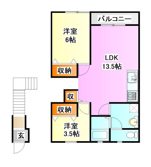 KMハイツ夕日ヶ丘A棟(2LDK/2階)の間取り写真